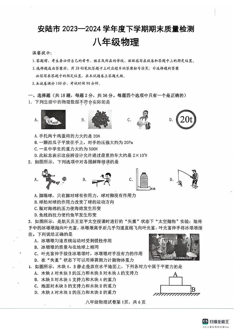 湖北省孝感市安陆市2023-2024学年八年级下学期期末质量检测物理试题第1页