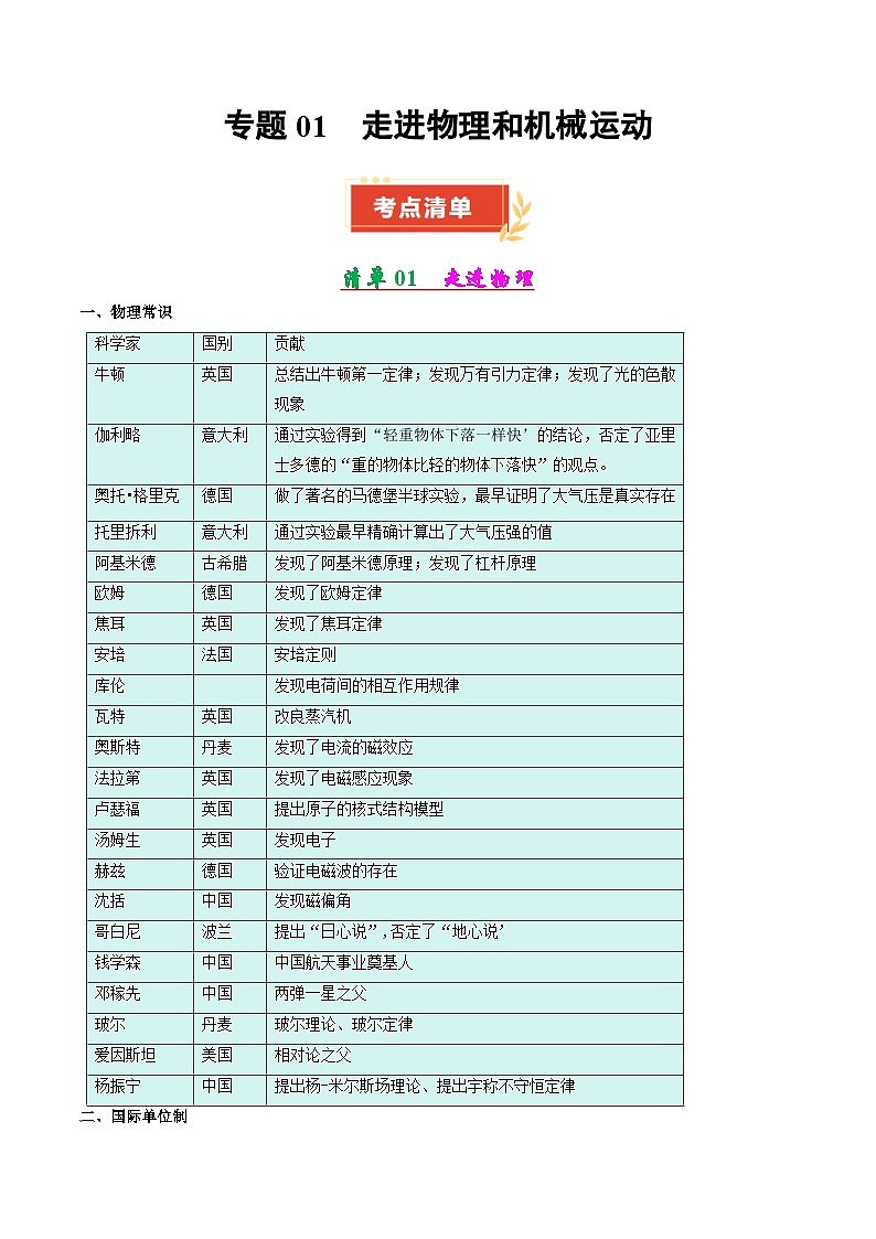 专题01 走进物理和机械运动（含答案） 2024-2025学年八年级物理上学期期中考点大串讲（鲁科版2024）练习01
