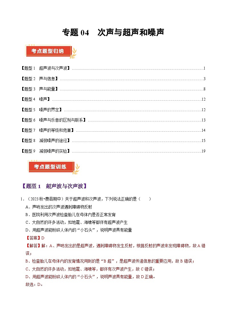 专题04 次声与超声和噪声（48题9大类型）（教师版） 2024-2025学年八年级物理上学期期中考点大串讲（鲁科版2024）第1页