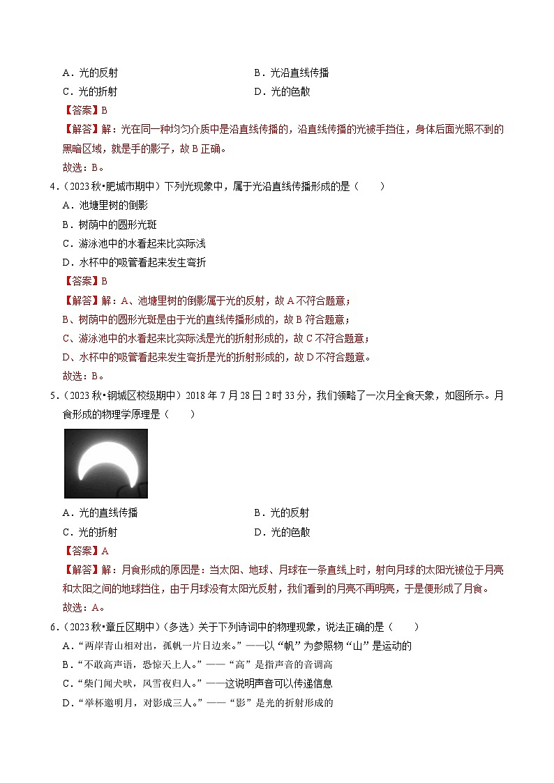 专题05 光现象（54题16大类型）（教师版） 2024-2025学年八年级物理上学期期中考点大串讲（鲁科版2024）第3页