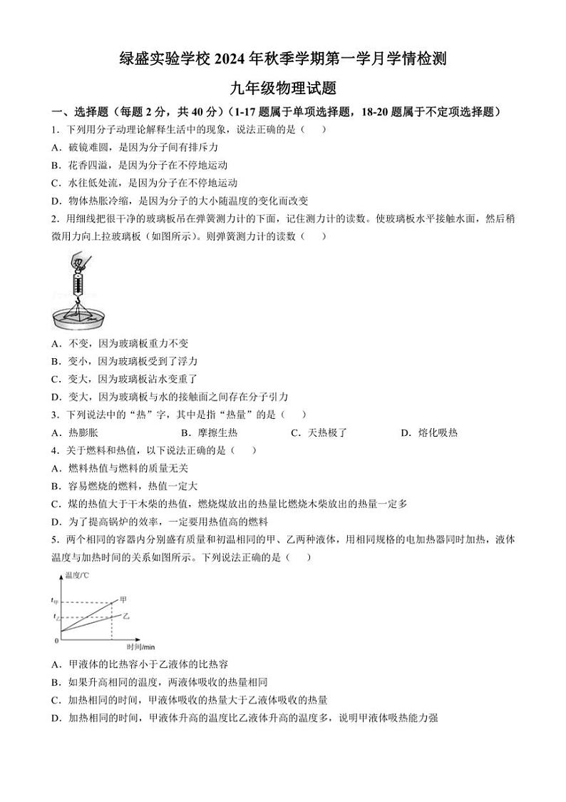 [物理]四川省自贡市蜀光绿盛实验学校2024～2025学年九年级上学期10月月考试题(有答案)第1页