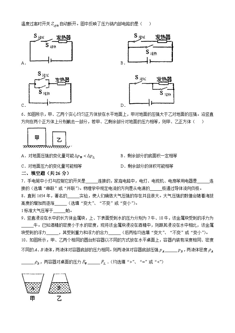上海市存志东校2024-2025学年九年级上学期10月物理练习卷(无答案)02