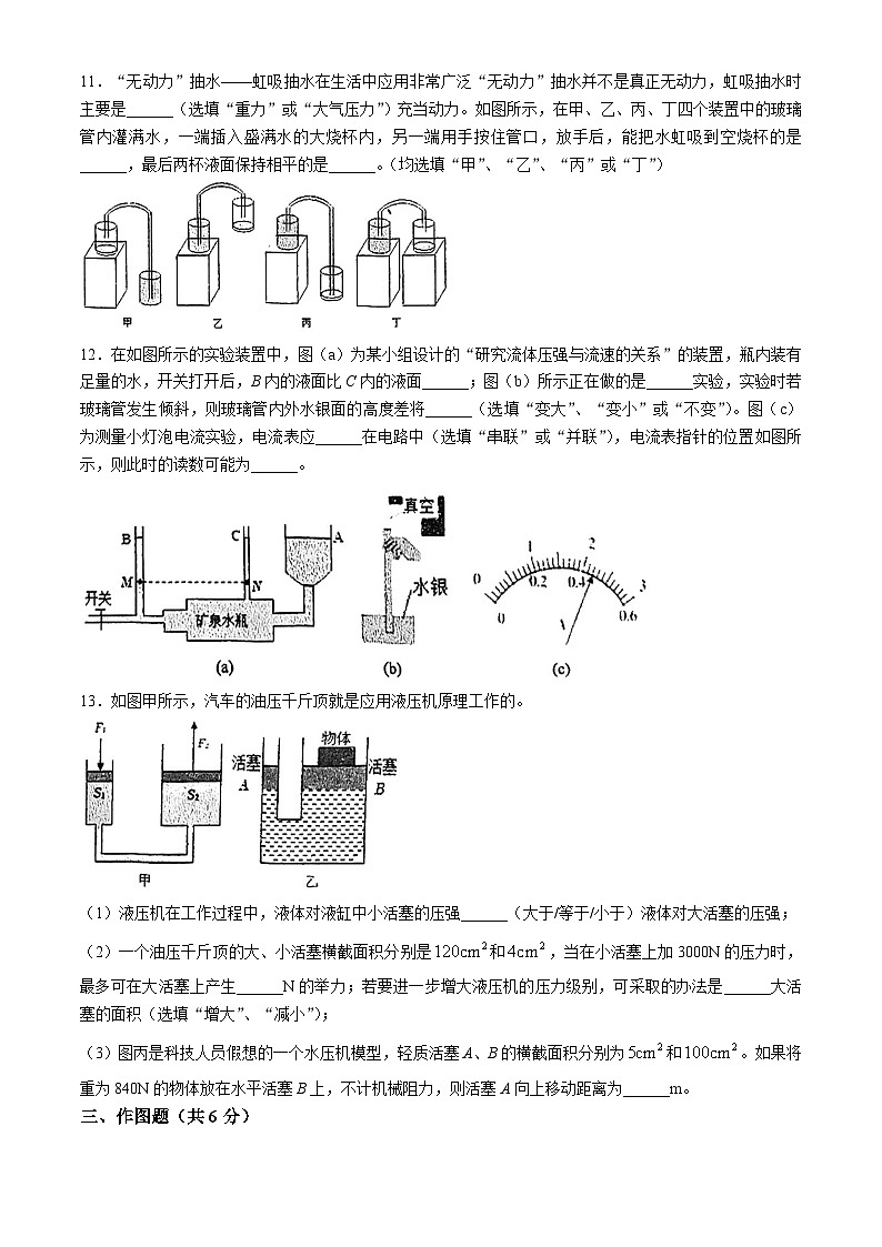 上海市存志东校2024-2025学年九年级上学期10月物理练习卷(无答案)03
