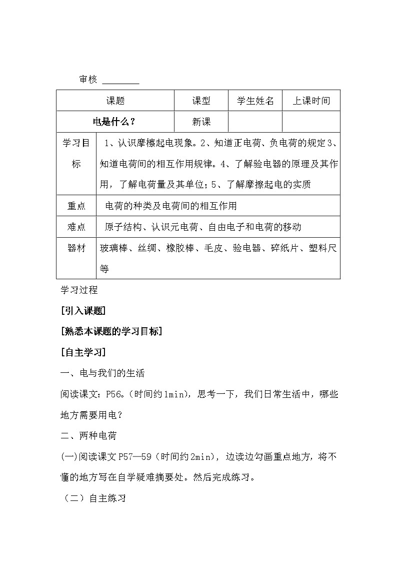 沪科版物理九年级全一册第十四章 第一节 电是什么(1)教案01