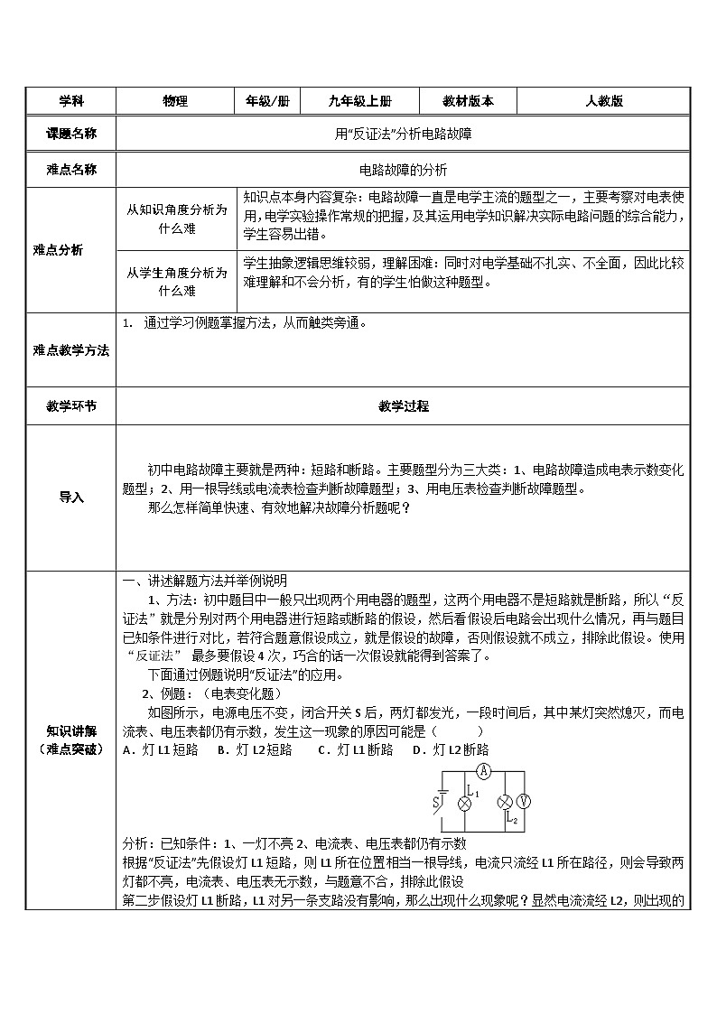 沪科版物理九年级全一册第十四章 第四节 用“反证法”分析电路故障微课教案第1页