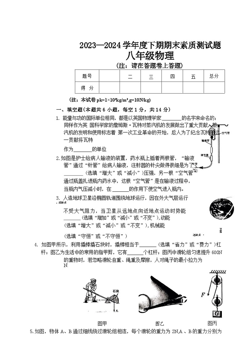 河南省驻马店市确山县2023-2024学年八年级下学期6月期末物理试题第1页
