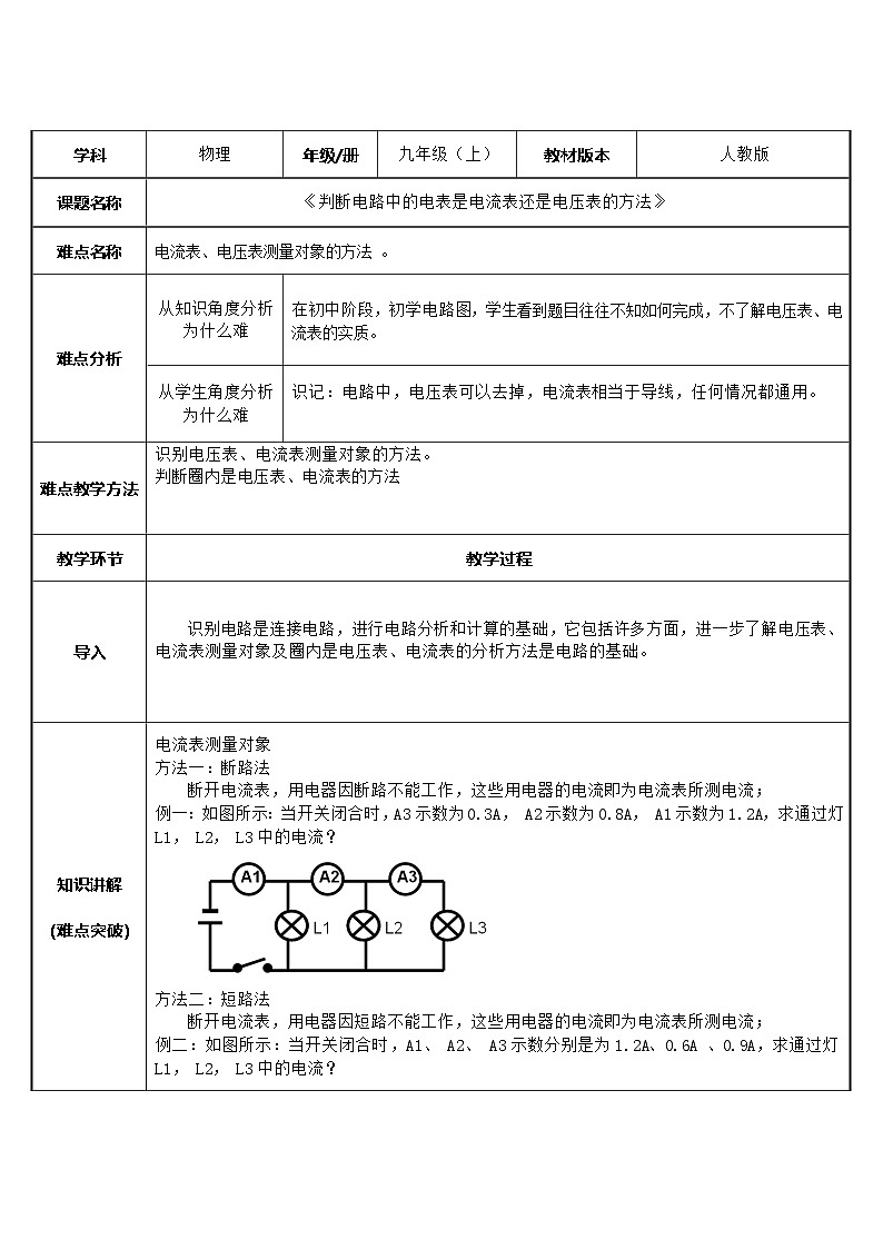 沪科版物理九年级全一册第十四章 第四节 判断电路中的电表是电流表还是电压表的方法教案第1页