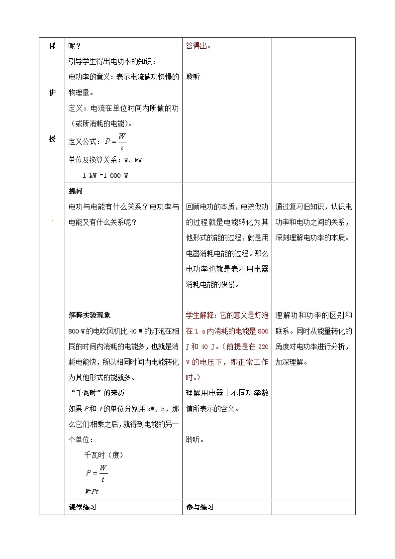 沪科版物理九年级全一册第十六章 第二节 电流做功的快慢(1)教案第2页
