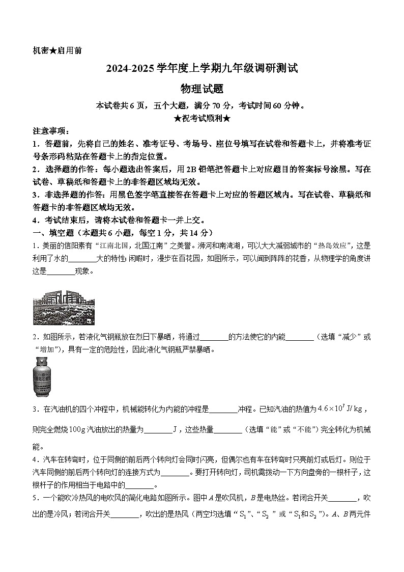 河南省信阳市平桥区2024-2025学年九年级上学期10月月考物理试题第1页