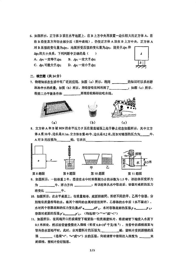 上海市存志东校2024-2025学年九年级上学期10月月考物理试卷第2页