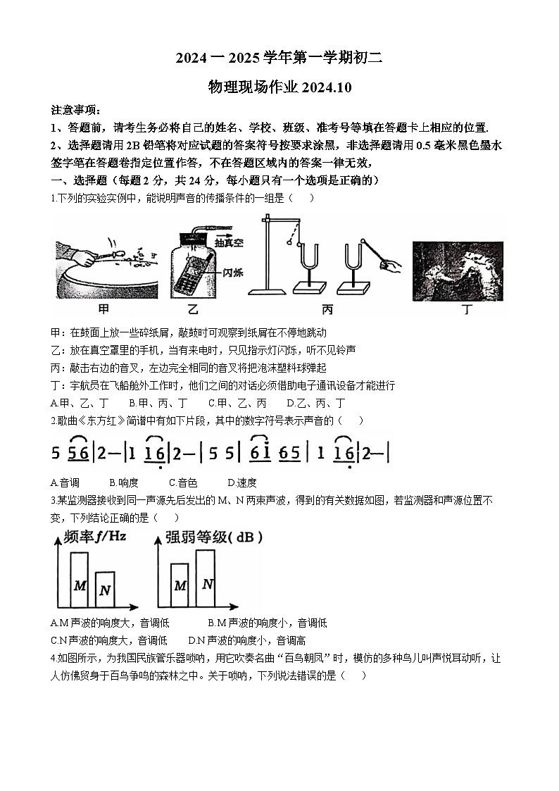 江苏省苏州市苏州高新区实验初级中学2024-2025学年八年级上学期10月月考物理试题01