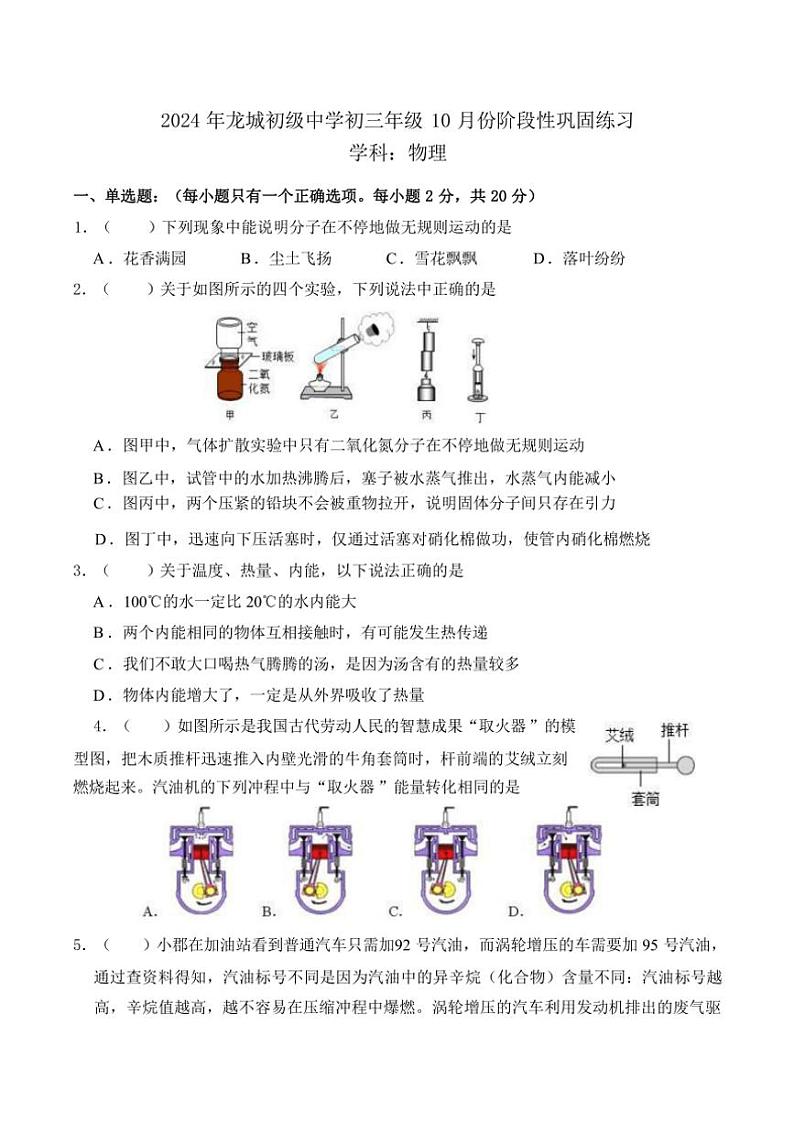 [物理]广东省深圳市龙岗区龙城初级中学2024～2025学年九年级上学期10月份巩固练习试题(有答案)第1页