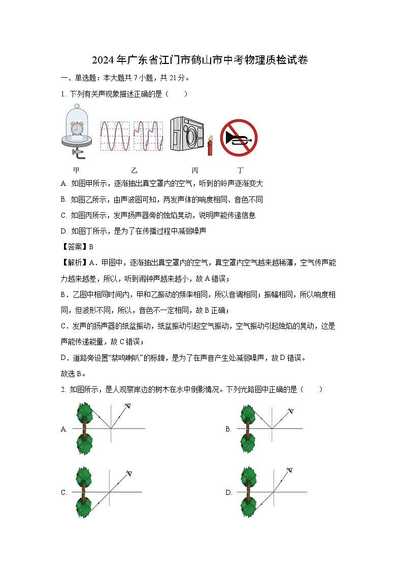 [物理]广东省江门市鹤山市2024年中考质检模拟试题(解析版)第1页