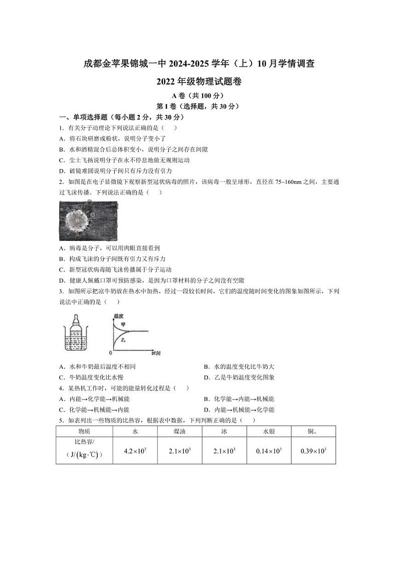 [物理]四川省成都金苹果锦城第一中学2024～2025学年九年级上学期10月考试卷(有答案)第1页