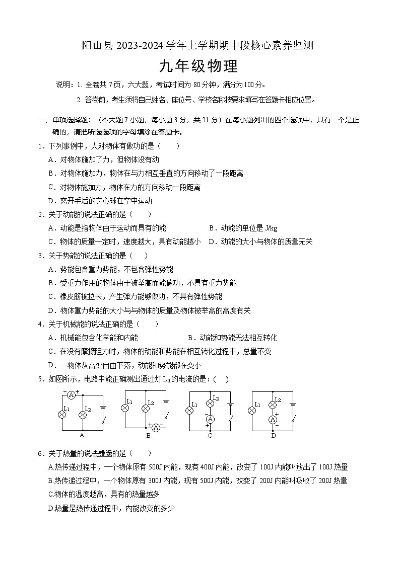 广东省清远市阳山县2023-2024学年九年级上学期期中物理试题01