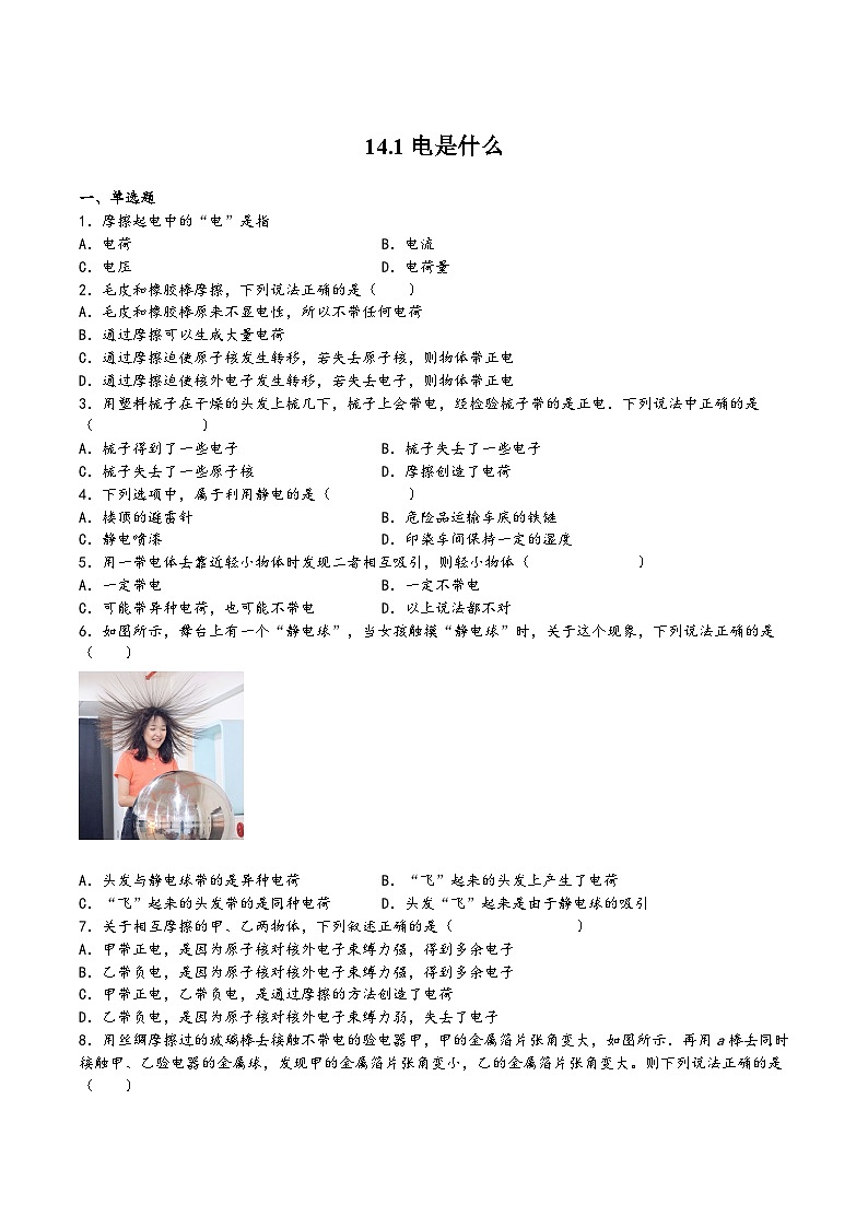 沪科版九年级物理上学期14.1电是什么(练习)(原卷版+解析)01