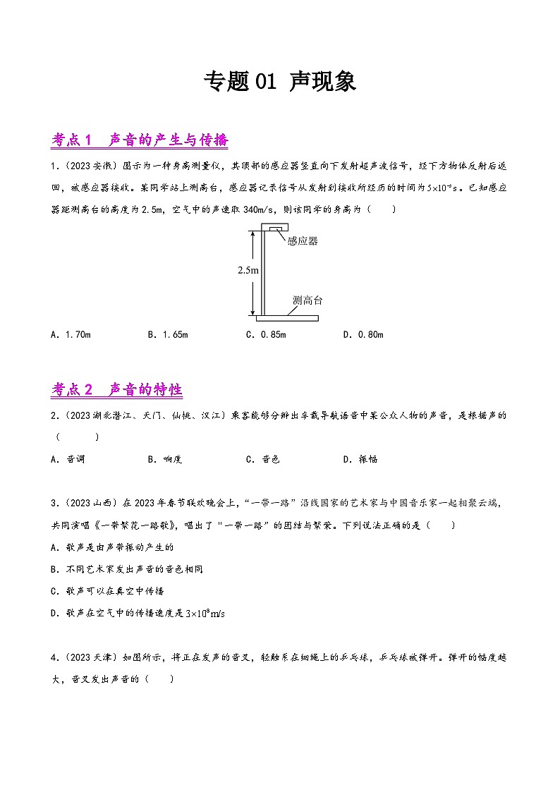 中考物理真题分项汇编(全国通用)专题01声现象(第01期)精品练习(原卷版+解析)第1页