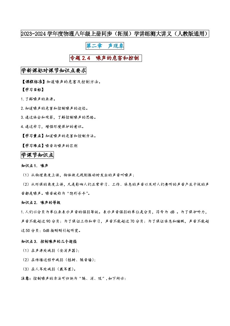 人教版八年级物理上册同步(拓展)学讲练测大讲义专题2.4噪声的危害和控制(原卷版+解析)第1页