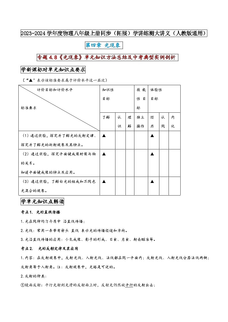 人教版八年级物理上册同步(拓展)学讲练测大讲义专题4.8《光现象》单元知识方法总结及中考典型实例剖析(原卷版+解析)第1页