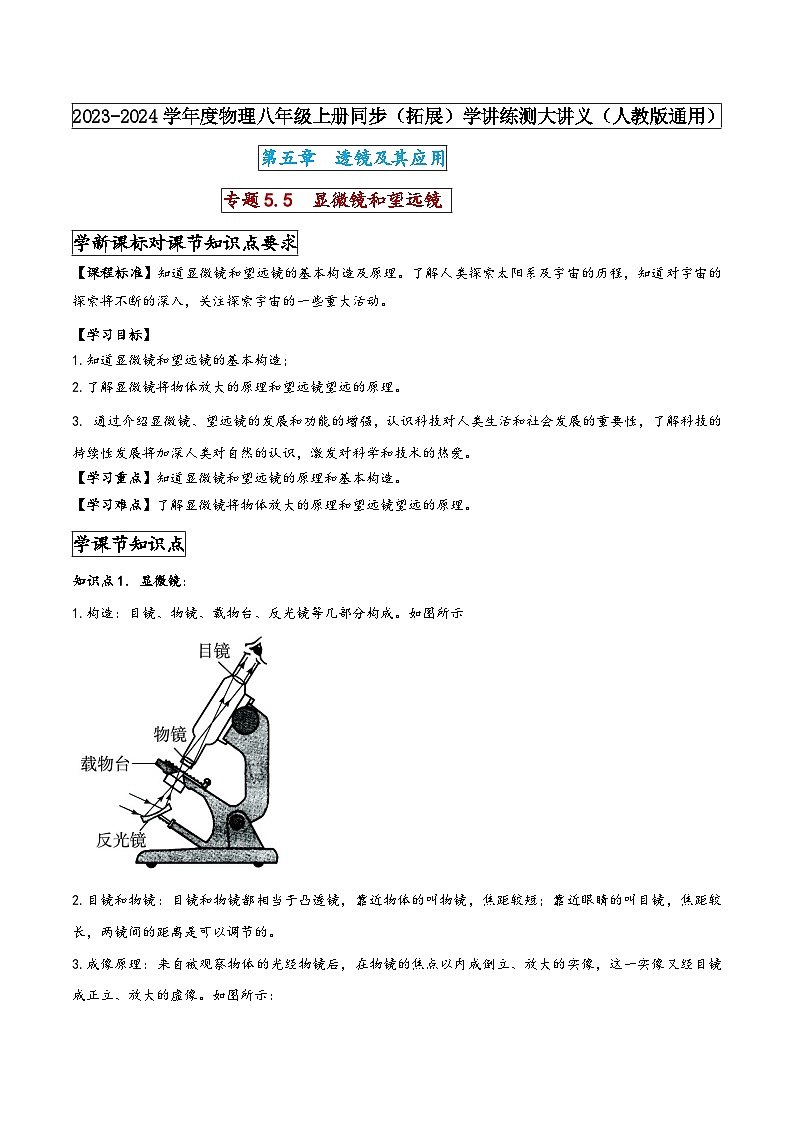 人教版八年级物理上册同步(拓展)学讲练测大讲义专题5.5显微镜和望远镜(原卷版+解析)第1页