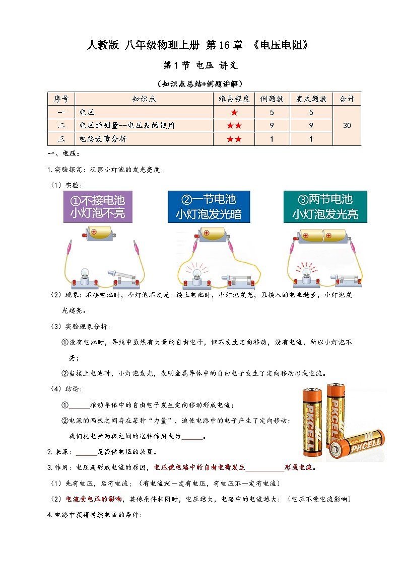 人教版九年级物理讲义+练习+测试16.1电压(讲义)学生版+解析第1页
