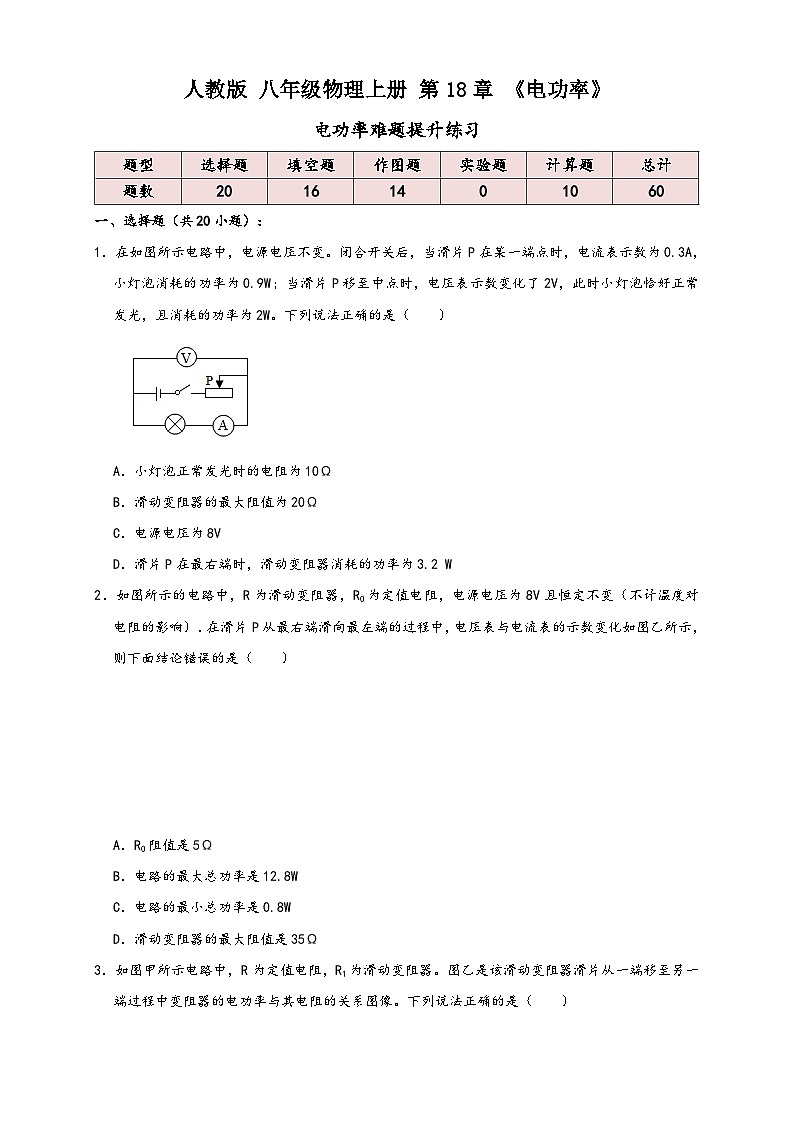 人教版九年级物理讲义+练习+测试18.7电功率难题提升练习(专题练习)原卷版+解析第1页