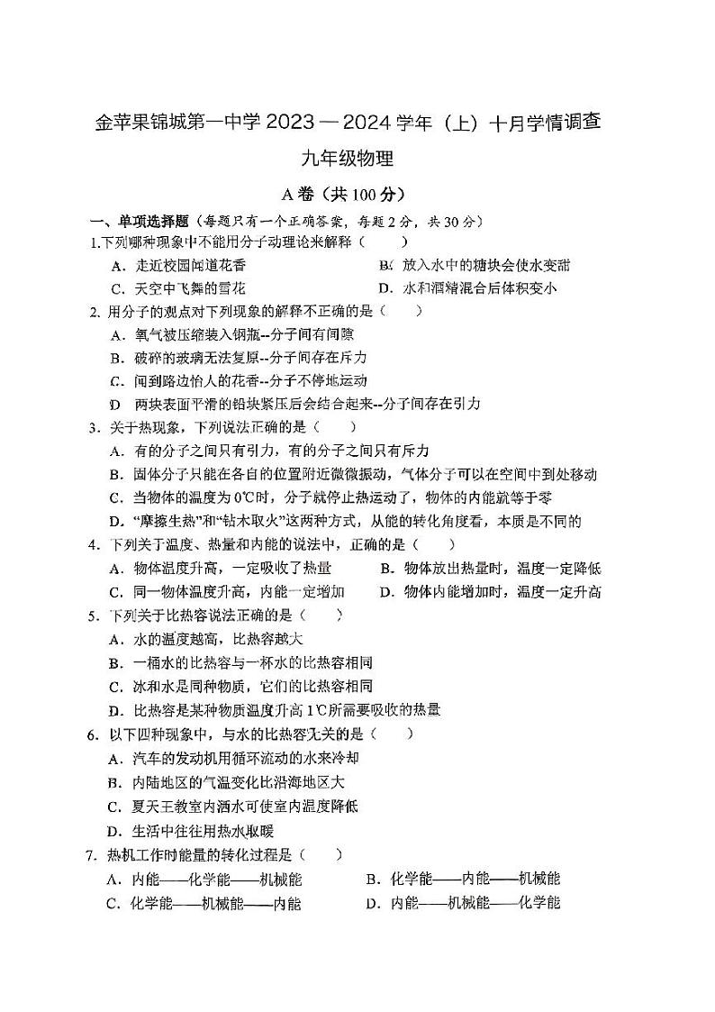 2023-2024学年四川省成都市成都区金苹果锦城一中九年级（上）月考物理试卷（10月份）.第1页