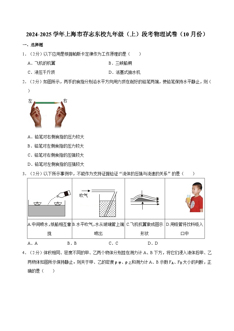 上海市存志东校2024-2025学年九年级上学期段考物理试卷（10月份）第1页