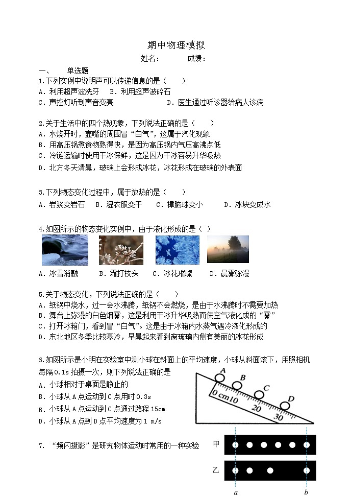 北京市延庆区张山营学校2024-2025学年八年级上学期期中模拟物理试卷第1页