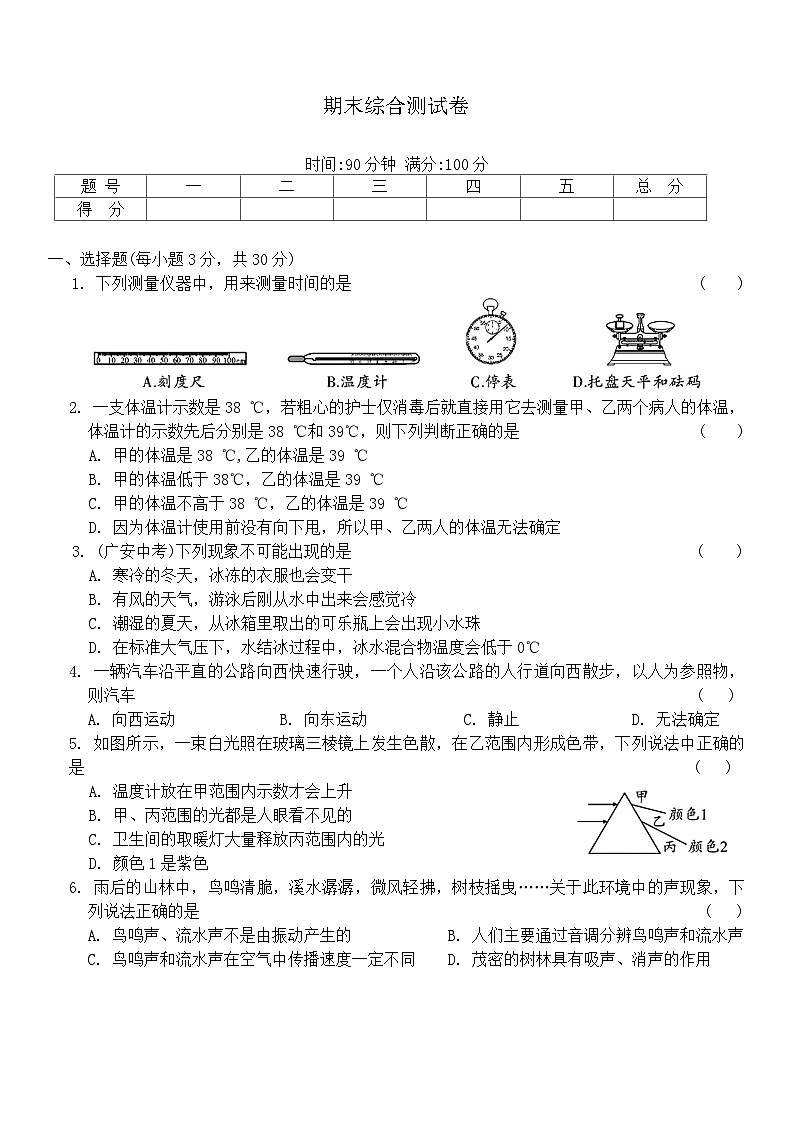 2024-2025学年苏科版物理八年级上学期 期末综合测试卷第1页