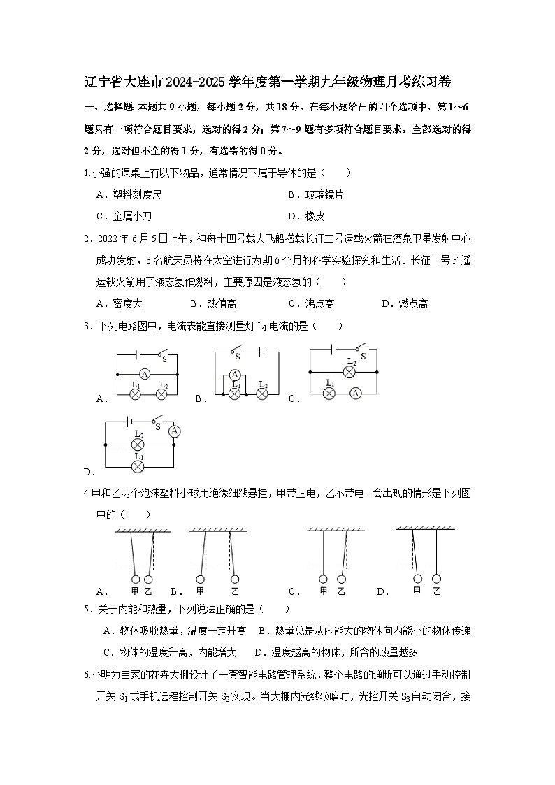辽宁省大连市2024-2025学年上学期九年级物理月考练习卷第1页