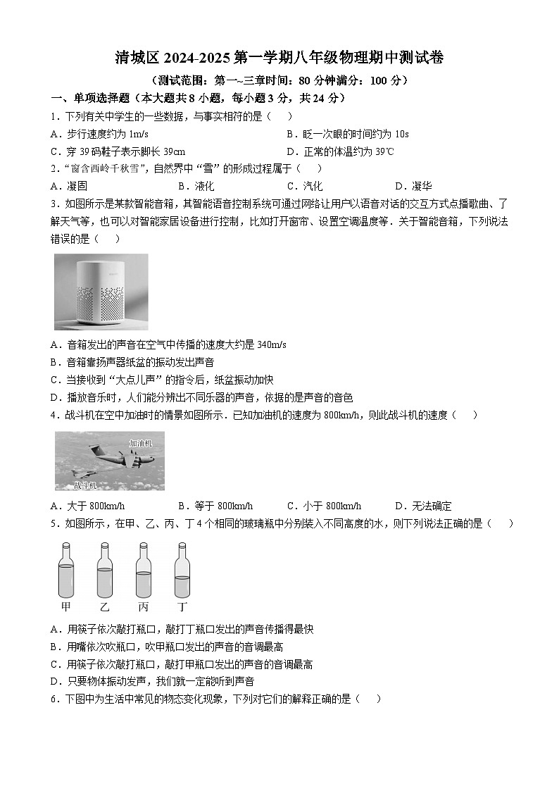 广东省清远市清新区2024-2025学年上学期期中考试八年级物理试题01