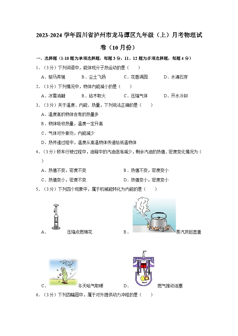 2023-2024学年四川省泸州市龙马潭区九年级（上）月考物理试卷（10月份）第1页