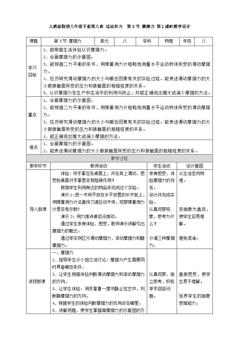 人教版物理八年级下册第八章 运动和力  第3节 摩擦力 第1课时教学设计第1页
