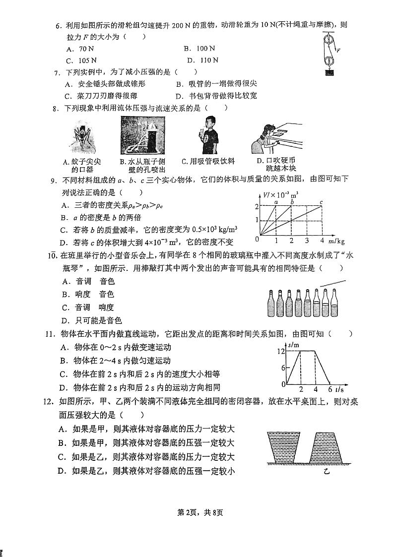 福建省厦门市松柏中学2021－2022学年八年级下学期月考物理试卷（4月）02
