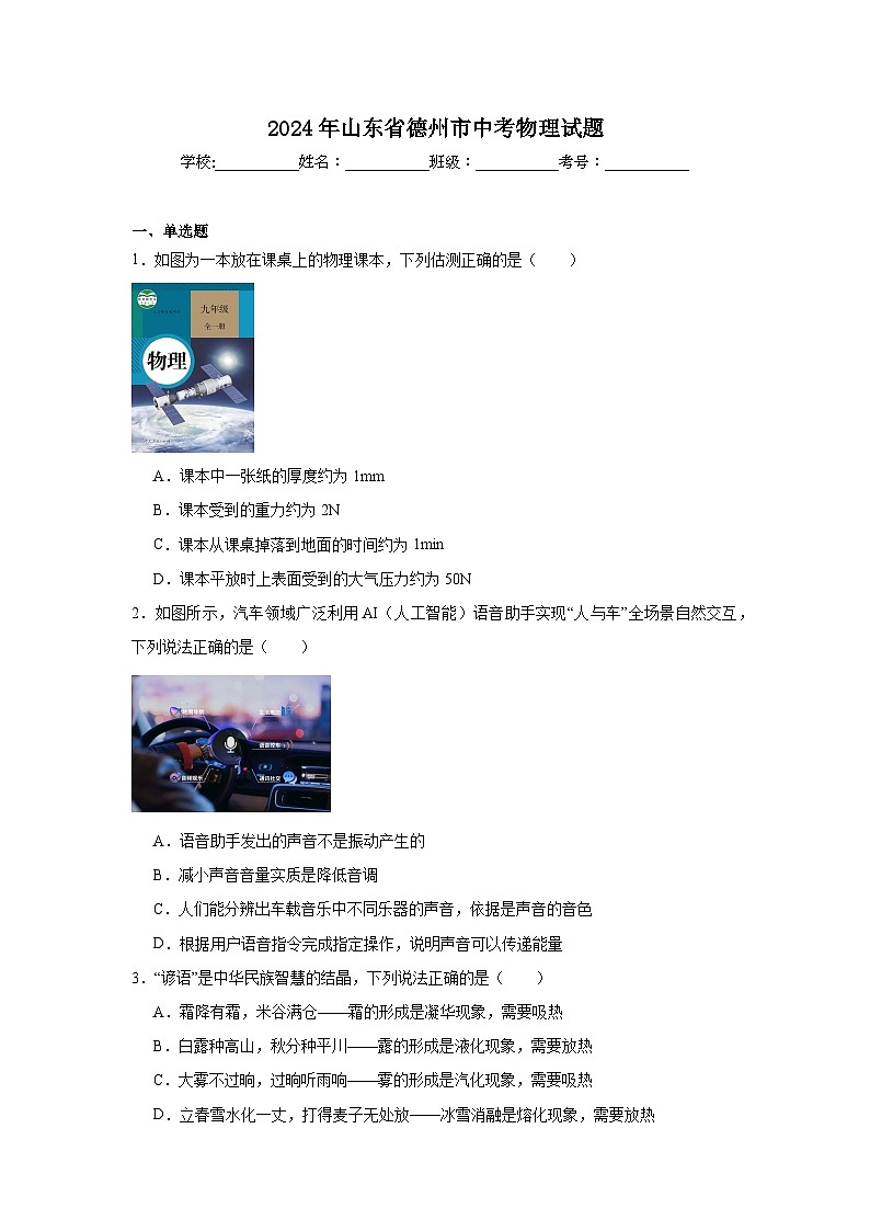 2024年山东省德州市中考物理试题第1页