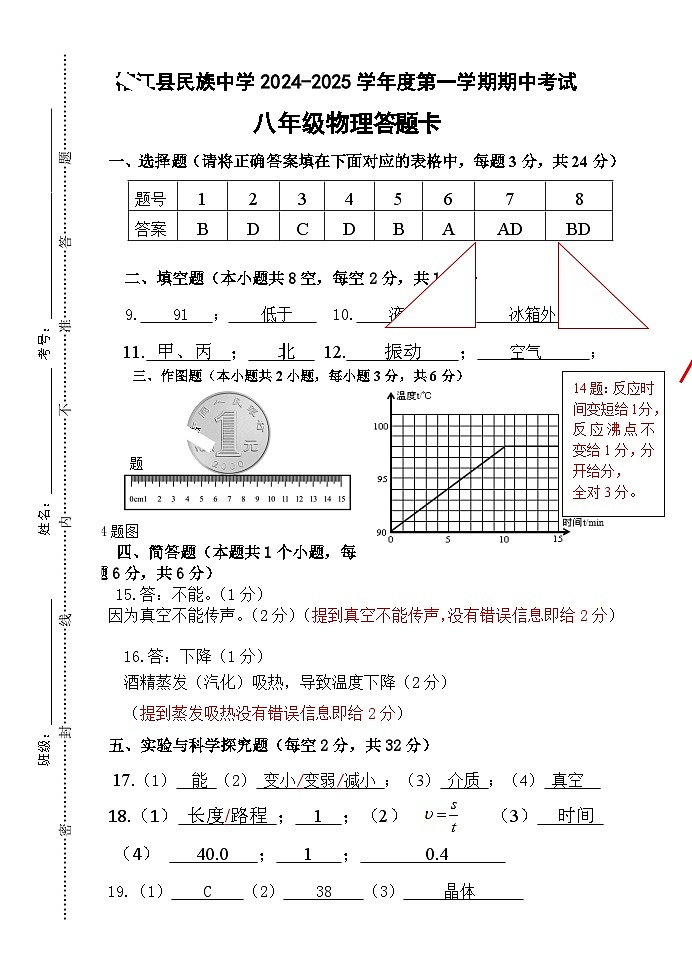 贵州省榕江县民族中学2024—2025学年度八年级上学期期中考试物理试题01