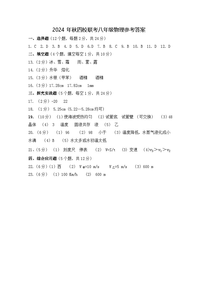 ２０２４秋八年级物理参考答案第1页