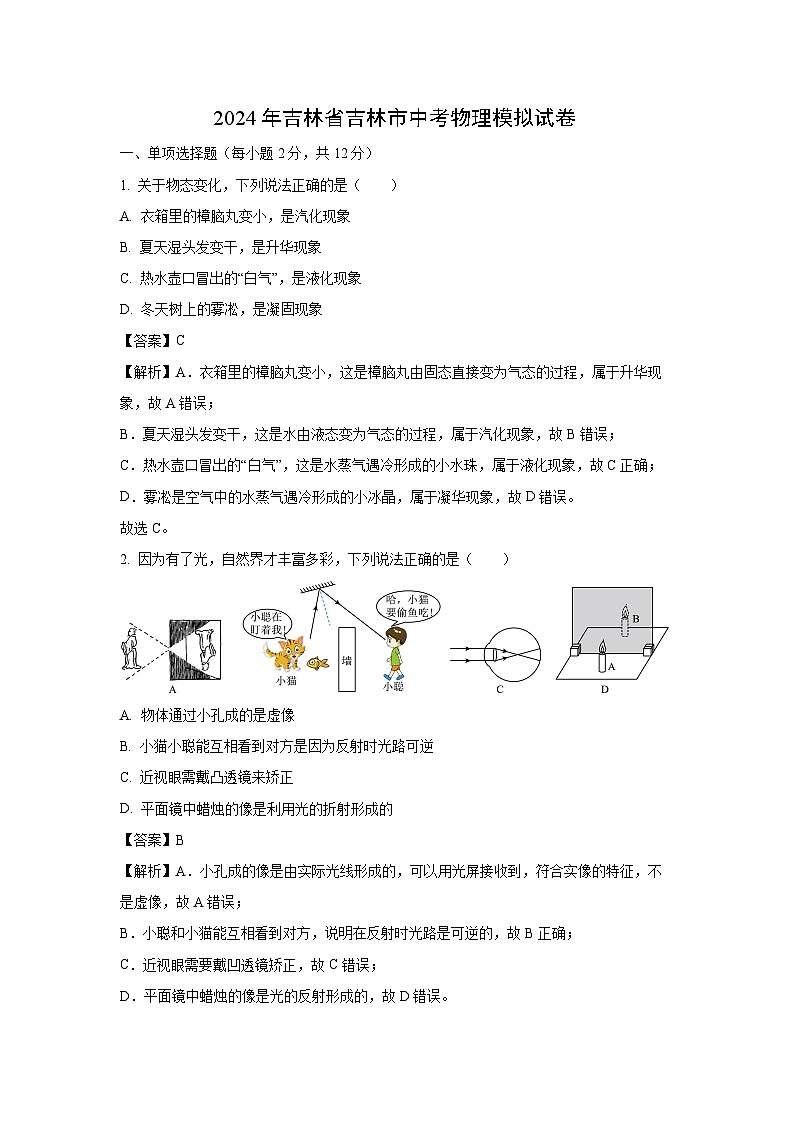 吉林省吉林市年中考真题2024一模物理试题（解析版）01