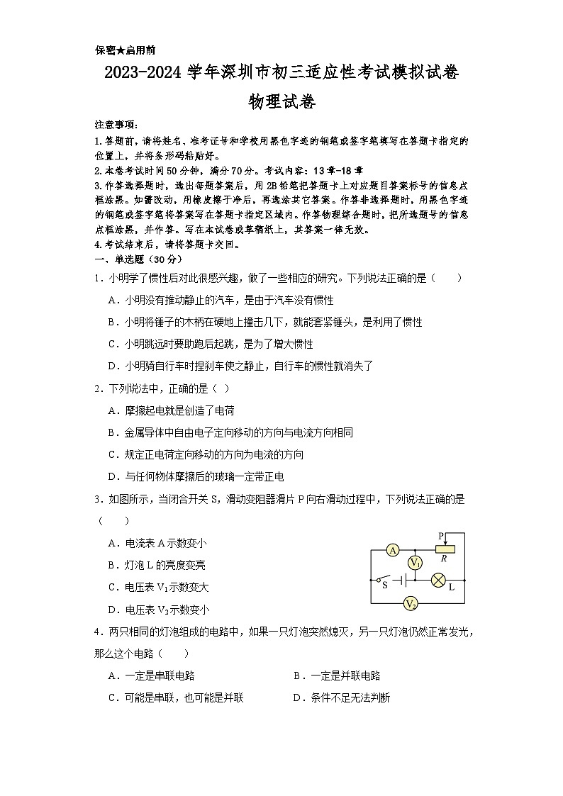 2023-2024学年广东省深圳市九年级（上）月考物理试卷01
