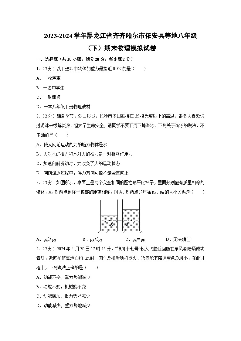 黑龙江省齐齐哈尔市依安县等地2023-2024学年八年级下学期期末物理模拟试卷第1页