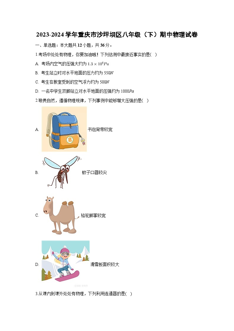 重庆市沙坪坝区2023-2024学年八年级下学期期中物理试卷+01