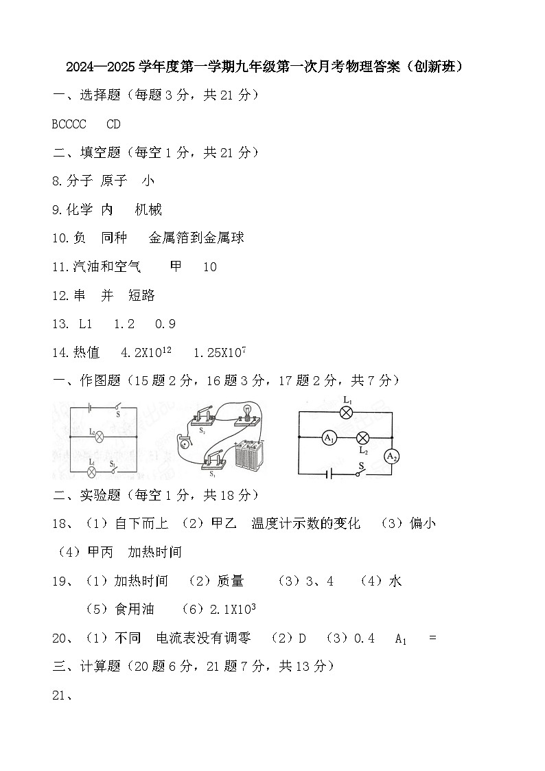 2024—2025学年度第一学期九年级第一次月考物理创新班答案第1页