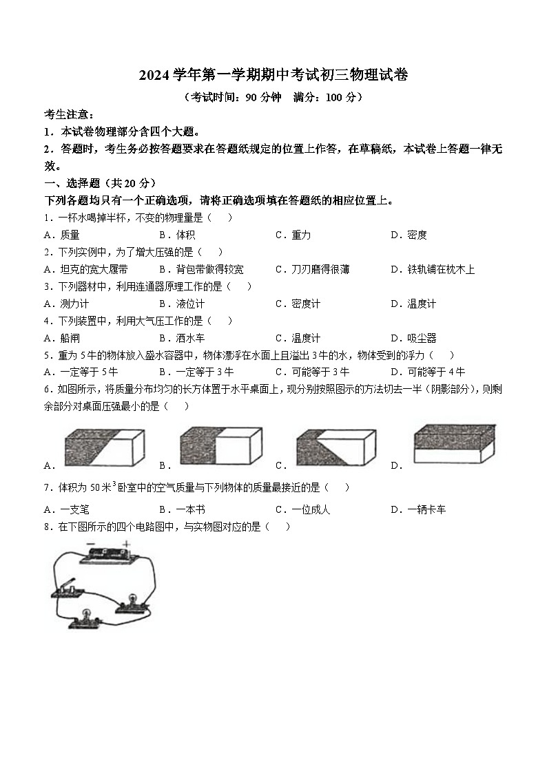 上海市南洋中学2024-2025学年九年级上学期物理期中考试试卷第1页