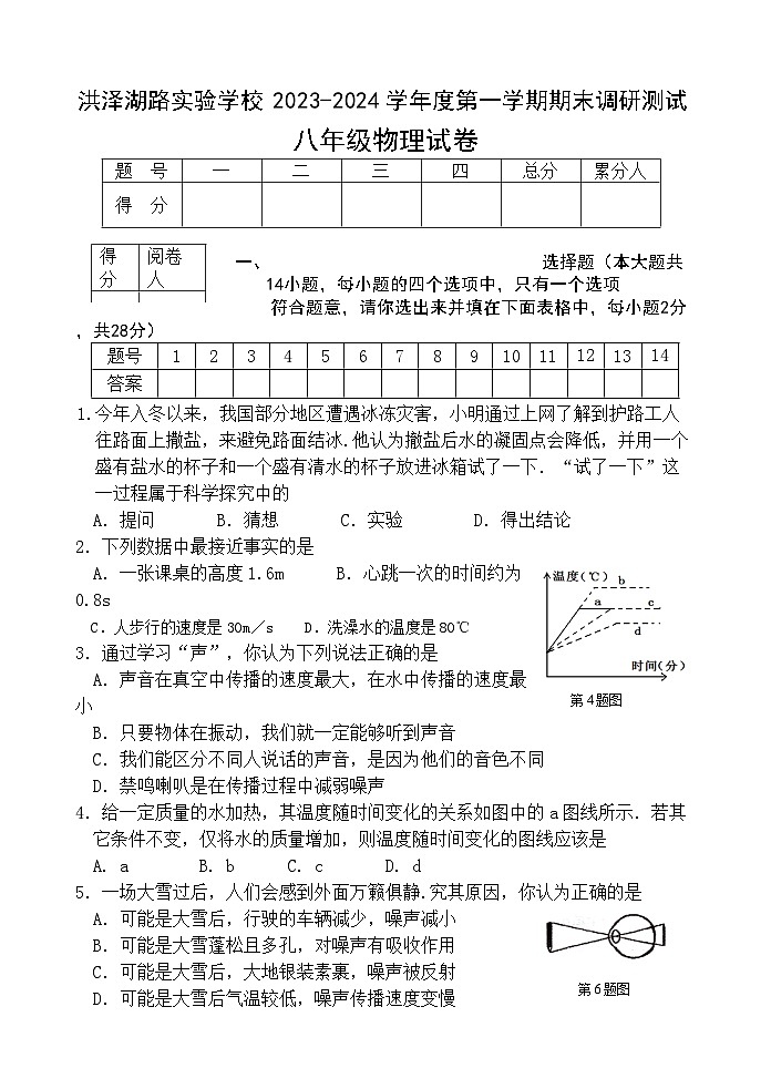2023-2024学年江苏省宿迁市泗洪县洪泽湖路实验学校八年级（上）期末物理试卷第1页