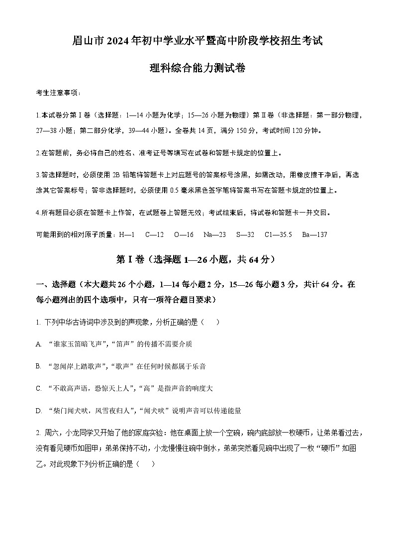 2024年四川省眉山市中考理综物理试题含答案第1页