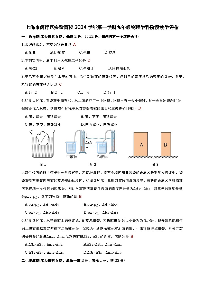上海市闵行区实验西校2024学年第一学期期中考试初三物理试卷-教师版第1页