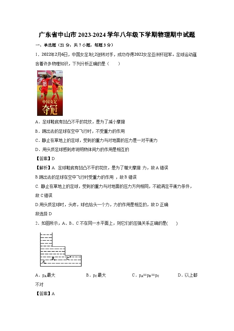 广东省中山市2023-2024学年八年级下学期期中物理试卷第1页