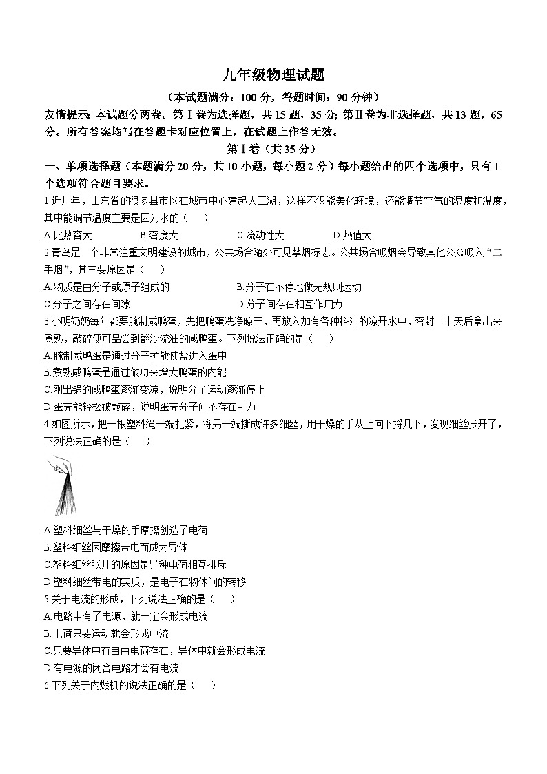 山东省青岛市2024-2025学年九年级上学期期中考试物理试卷(无答案)第1页