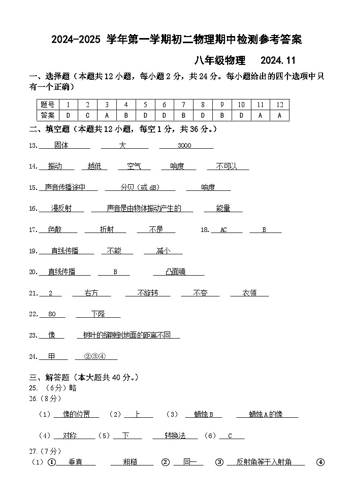 2024-2025学年第一学期初二物理期中检测参考答案第1页